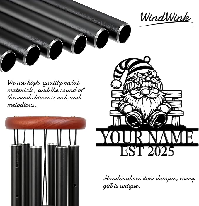Personalized Customize Name Gnome Wind Chime, Metal Iron 37 Inch Outdoor Memorial Gift for Garden Yard Patio Home Decor, Black，Christmas (Style C)