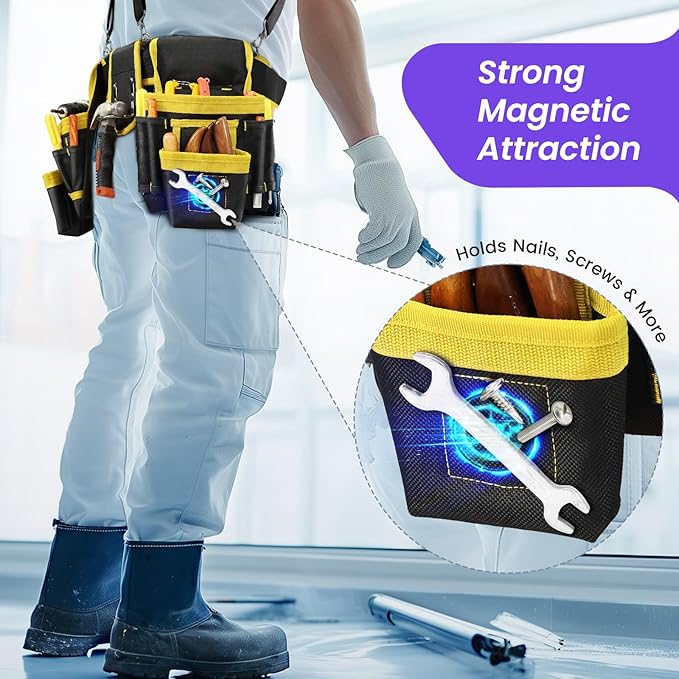 Tool Belt, Professional Tool Belts for Men, Magnetic Tool Pouch With Suspenders, Heavy Duty Detachable Adjustable Utility Belt Work Bags for Electrician, Carpenter (Black and Yellow, 32''-66'')