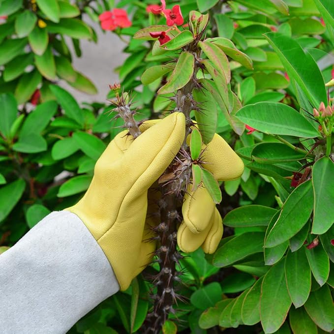 Gardening Gloves for Women/Men - Adjustable Cuff Goatskin Leather Elbow Long Sleeve Garden Gloves Gauntlet Puncture Thorn Proof Cactus Planting Rose Pruning Gloves Protective Work Gardener Gifts