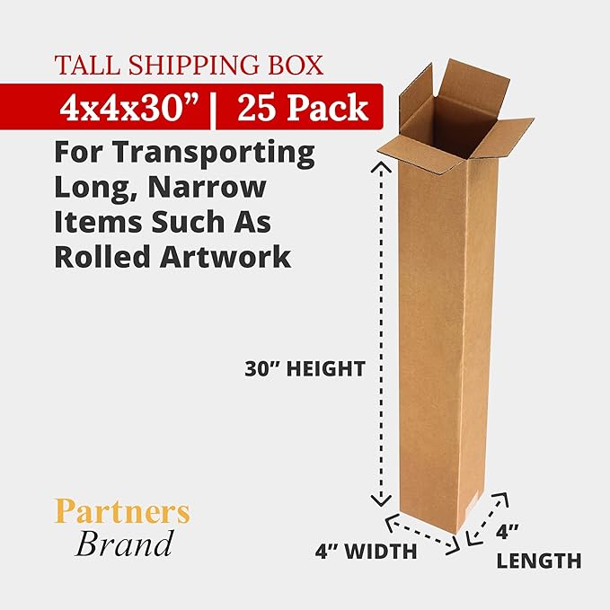 PARTNERS BRAND 4x4x30 Tall Corrugated Boxes, Tall, 4L x 4W x 30H, Pack of 25 | Shipping, Packaging, Moving, Storage Box for Home or Business, Strong Wholesale Bulk Boxes