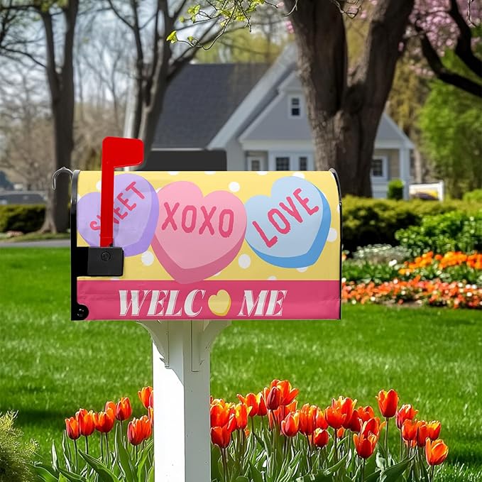 Welcome Valentines Day Mailbox Covers Magnetic Standard Size 18X21 Inch Love Heart Candy Polka Dot Mailbox Wraps Cover Decoration Outdoor Garden Home Yard Outside