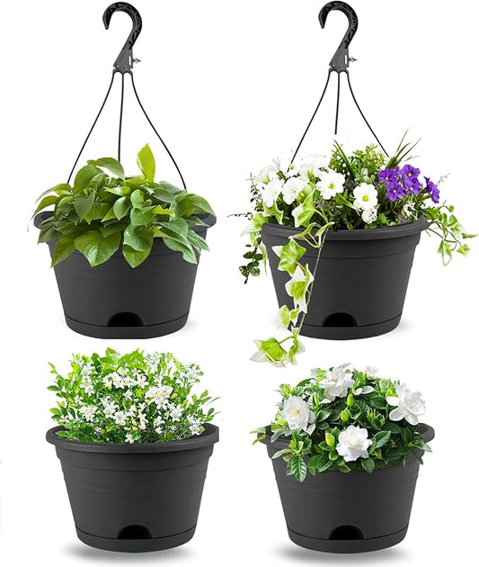10 Inch Hanging Plant Pots with Removable Chain & Drainage Trays, 4 Pack Hanging Planters for Indoor & Outdoor Plants, Lightweight Plastic Flower Pots for Home Garden Decor (Black)