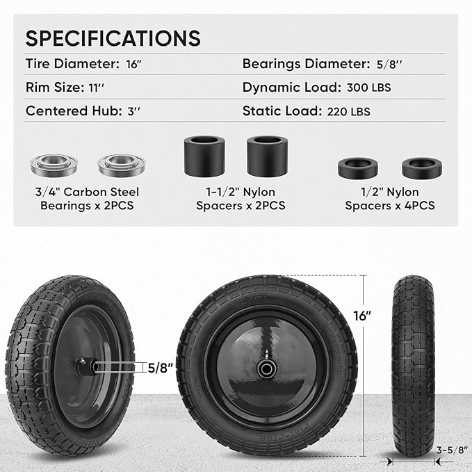TICONN 4.80/4.00-8 Tire, 16" Flat Free Wheelbarrow Tire and Wheel, Solid Replacement Tires, 5/8" 3/4" Bearings, Universal Fit 4.80/4.00-8, 3.50/3.00-8, 4.00-6 (16" Black, 2PK)