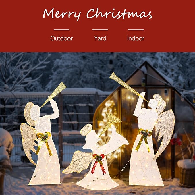 Taman Lighted Christmas Angel, Glittered 3 Angels Blowing The Trumpet Lighted LED Warm Lights for Outdoor Christmas Holiday Home Lawn Yard Garden Decoration