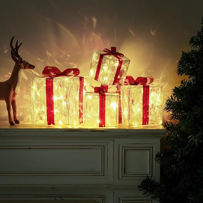 Christmas Lighted Gift Boxes, Pre-lit Lights Gift Boxes Set of 4, Light up Present Boxes Set Battery Operated with Different Sizes for Holiday Indoor Outdoor Decorations(Warm White)