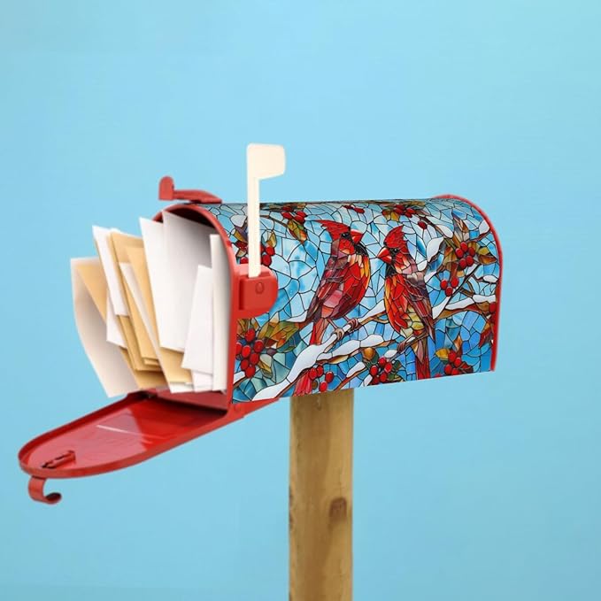 Giwawa Winter Cardinal Bird Mailbox Covers Red Birds on Holly Berry Branches Snow Mail Box Cover Magnetic Oversized 25.5 x 21 Stained Glass Christmas Mailbox Wrap Holiday Mailbox Xmas Decorations