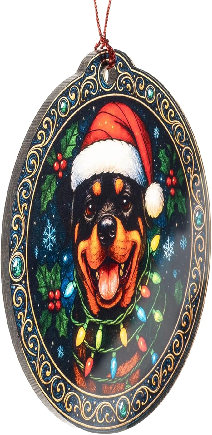 Rottweiler Christmas Ornament – Holiday Dog Decor | Santa Hat Puppy Gifts – Festive Pet Lover Ornament – Merry Christmas Tree Decoration – White elephant gifts - Xmas Tree Funny Decoration