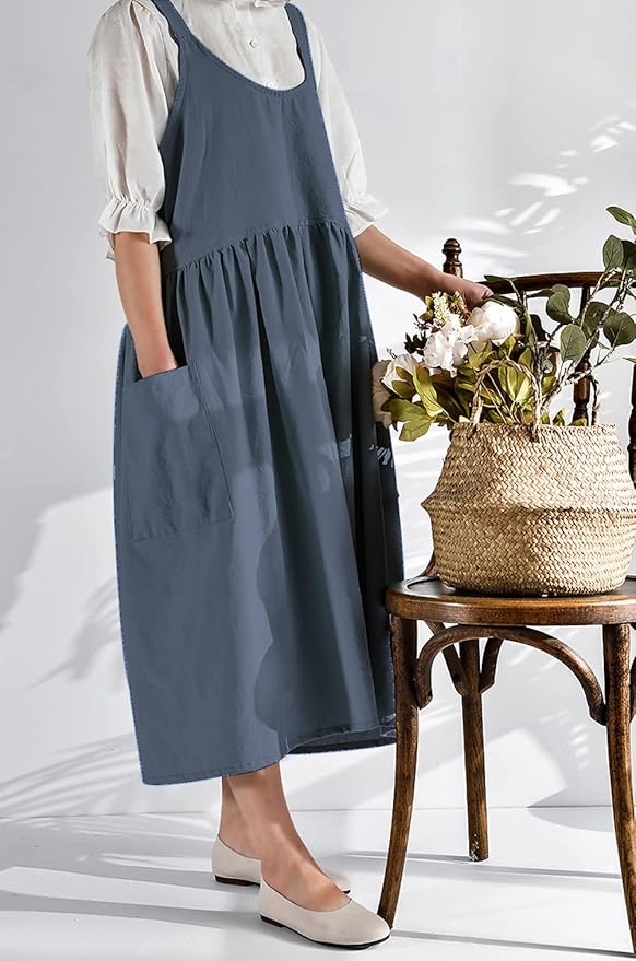 NEWGEM Cotton Linen Cross Back Apron for Women with Pockets Cute Japanese Korean Style Pinafore Dress Blue Grey