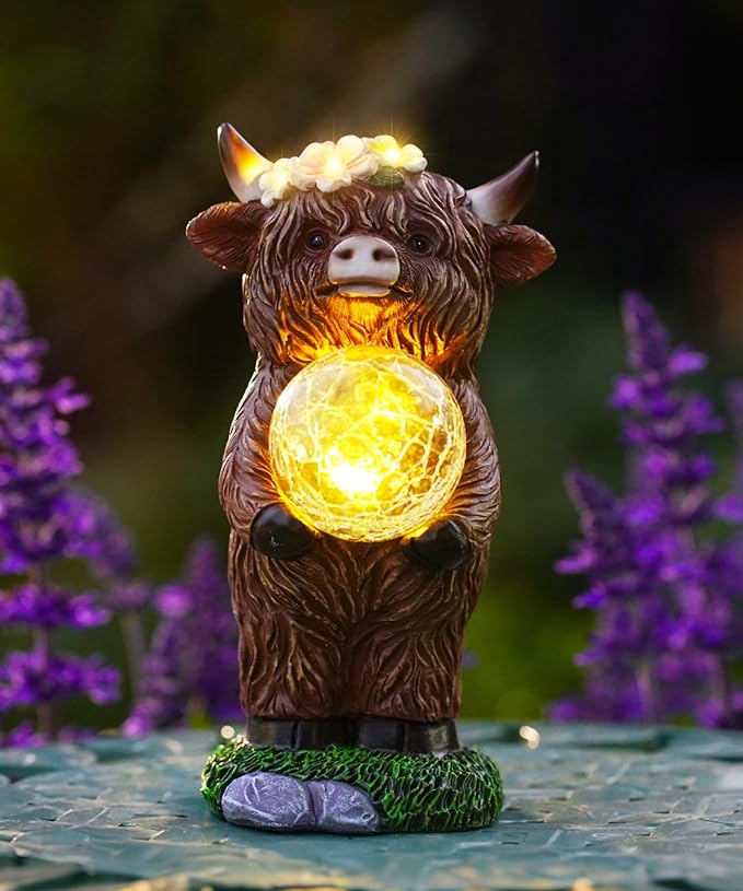 Solar Highland Cow Outdoor Decor:Garden Statue Sculpture Lamp with Ball for Yard Lawn Balcony Patio Porch- Birthday Gifts for Mom Women Grandma(Brown)