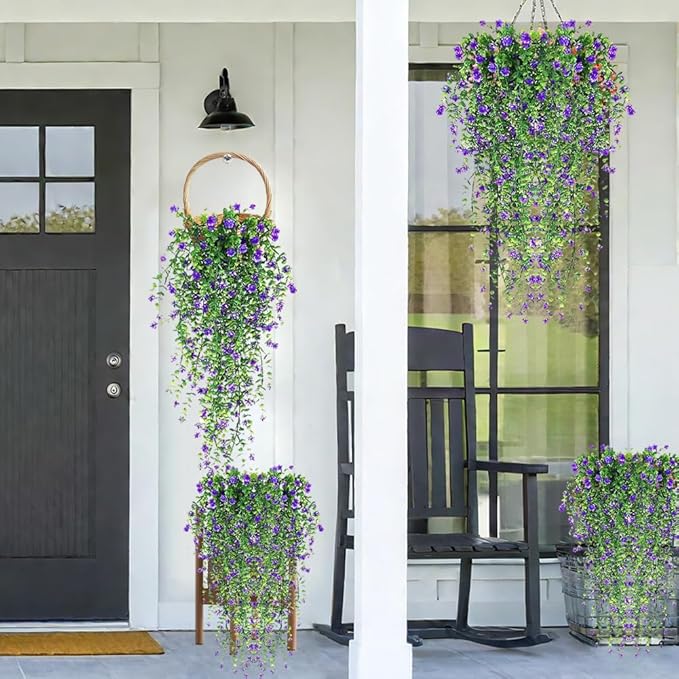 Artificial Hanging Flowers, 3 Pcs Fake Hanging Plants Decor, Artificial Vines for Outdoors, UV Resistant No Fade Artificial Fake Hanging for Indoor Decoration Outdoor Porch Courtyard (Purple)