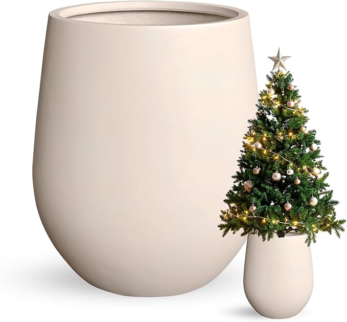 16.5"H x 15"D Corso Fiberstone Round Tapered Planter, Christmas Tree Planter, Smooth Finishes, Weather Resistant for Indoor & Outdoor Use, 2 Extra Coco Mats (Kilim Beige, 11.5" Pot Opening)