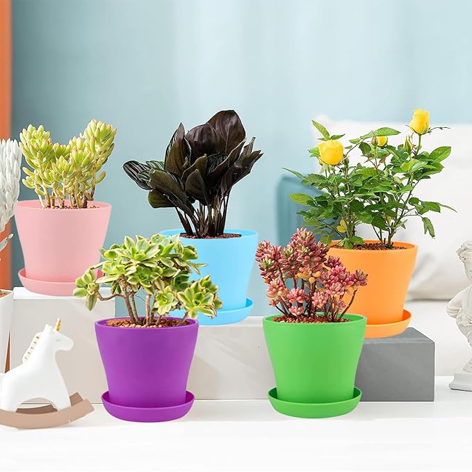 16Pack 5.5" Colorful Plastic Planters - 14CM Small Plastic Flower Pots with Drainage Holes and Tray for Home Garden Flowers Plants