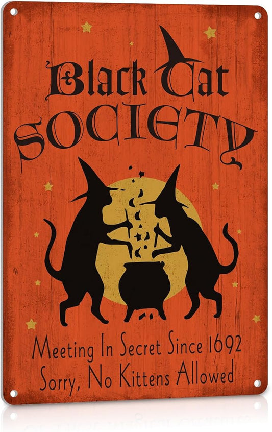 Halloween Decor Black Cat Society Witch Halloween Gothic Decormetal Sign Vintage Tin Sign Party Decoration 8X12 Inch