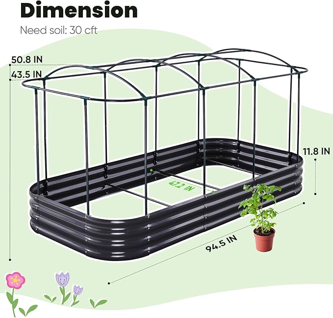 KING BIRD Raised Garden Bed with Cover Galvanized Oval Planter Garden Box Outdoor for Gardening, Vegetables, Flowers 94.5x47.2x11.8 in, Clear