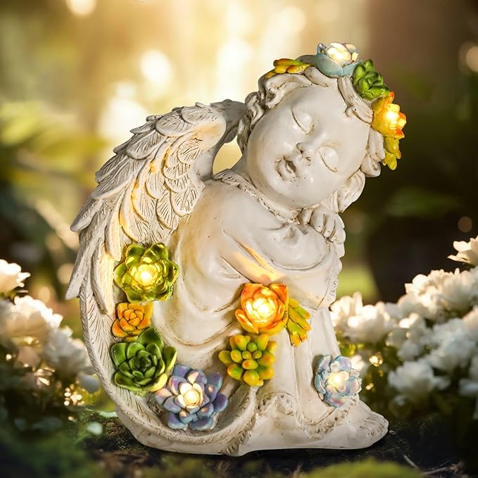 Solar Cherub Angel Outdoor Garden Decor Statues - 8 inches Angel Figurines Outdoor Sculptures with Succulent, Garden Statues for Outside, Patio, Balcony, Lawn Ornaments or Housewarming Gift