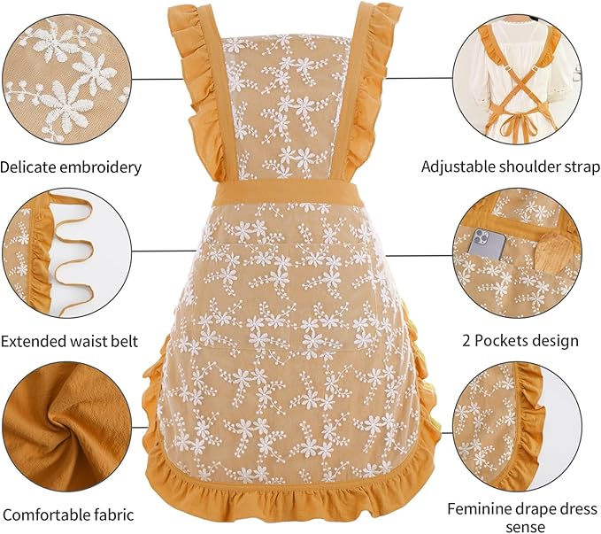 Vintage Pinafore Apron Dress for Women with Pockets Cute Floral Chef Aprons for Kitchen Cooking Baking Gardening