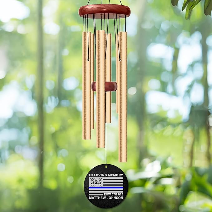 Personalized Police Memorial Wind Chime – “Blue Line Tribute” Fallen Officer Windchime – Custom Engraved Badge Number, Name & Eow Date – Law Enforcement Sympathy Gift – Windchime for Heroic Service