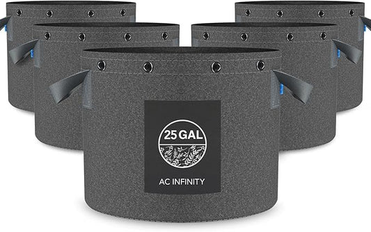 AC Infinity Heavy Duty Fabric Pots, 25 Gallon Aeration Reusable Grow Bags 5-Pack with 500G Thick Nonwoven Fabric and Multi-Purpose Rings, for Low Stress Plant Training Fruits, Vegetables, and Flowers