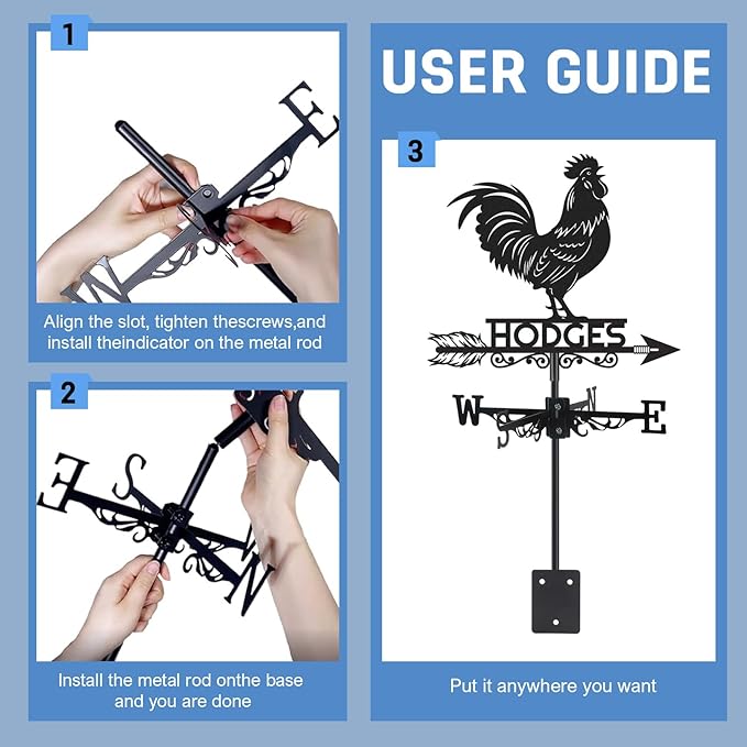 Personalized Rooster Metal Weather Vane, Custom Family Name Weathervane, Wind Direction Indicator, Weather Vanes Roof Mount, Wind Vane Outdoor Decor for Yard Farmhouse Cupolas, Housewarming Gifts