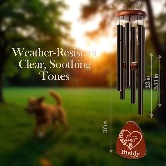 Personalized Pet Memorial Wind Chimes with Engraved Name, Custom Dog Wind Chimes Memorial Pet Loss Sympathy Gifts, Remembrance Chimes, Sympathy Gift for Dogs, Cats - Black