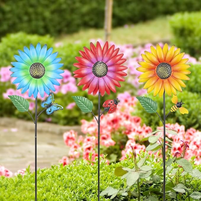 Stargarden Metal Flower Garden Stakes, 3 Pcs Decorative Garden Stakes, Colorful Metal Flowers Garden Decor, Waterproof Lawn Ornaments for Indoor, Outdoor