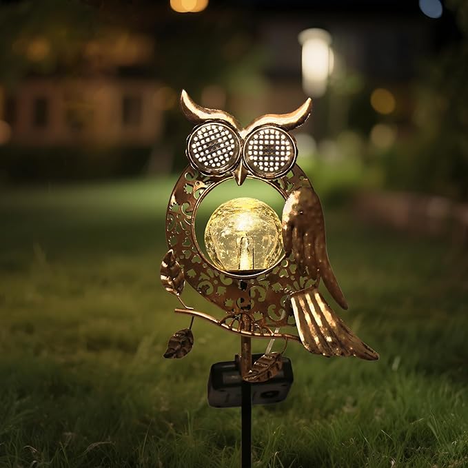 KAIXOXIN LEDs Solar Stake Lights for Garden Metal Warm White, Memorial Gift - Perfect as Remembrance & Sympathy Gifts (Angel-Bronze) (Owl)