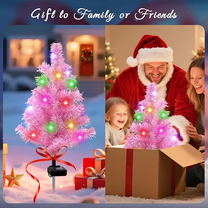 Solar Christmas Tree Outdoor Decor, Waterproof Solar Xmas Decorations Garden Stake Lights, Multi-Color LED Christmas Décor for Outside Landscape Pathway Porch Yard Holiday (4 Pcs Pink)