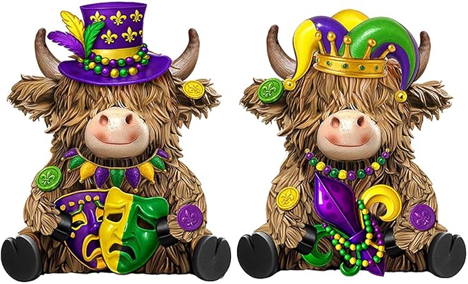 2 Pack Mardi Gras Highland Cow Resin Figurine Mardi Gras Bathroom Highland Cow Gnomes with Mask Starfish Resin Statue for Garden Table Shelf Home Decor Calf Gnome Herd Gifts