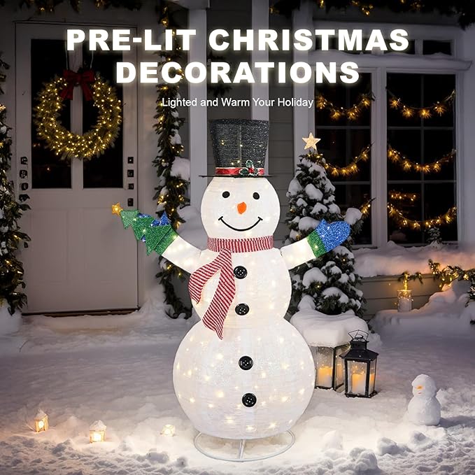 VINGLI 6FT Lighted Snowman Holding Small Tree Christmas Yard Decorations, Prelit Pull Up with 200 Warm White LED Lights, Outdoor Lighted Xmas Yard Decorations for Lawn Garden Porch Indoor Décor