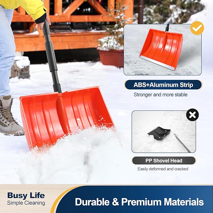 Yocada Snow Shovel for Driveway Home Garage Snow Removal Aluminum Strip with D-Grip Handle 55 inch Long Large Capacity Shovel for Garden Car Camping Outdoor Orange