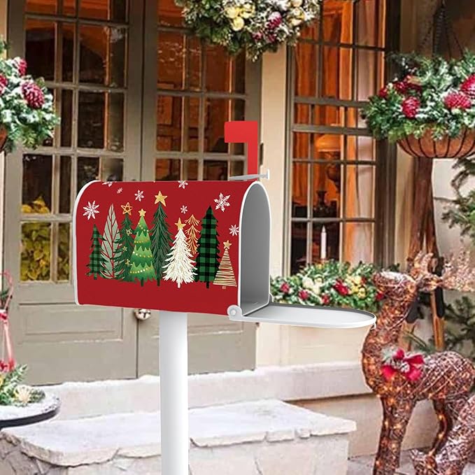 Christmas Tree Red Mailbox Cover Magnetic Standard Size 20.5" x 18", Xmas Pine Trees Decorative Post Letter Box Wrap Decor, Winter Holiday Snowflake Garden Yard Outdoor Decoration