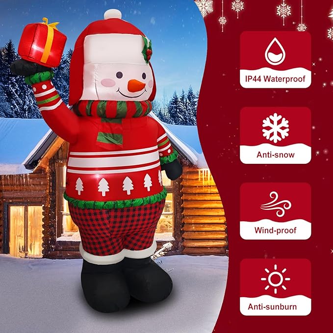 6FT Christmas Inflatable Snowman Decoration Blow Up Snow Man with Red Sweater & Presents Holiday Yard Decor Perfect for Outdoor Winter Lawn, Garden, or Porch Display Outside Décor
