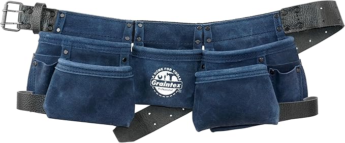 Graintex DS2525 :: 9 Pocket Children Tool Belt Navy Blue Color Suede Leather, Kids Real Tool Belt, Boys and Girls Tool Apron for Home Improvement, 1.1/2" Leather Belt, Hammer Loops