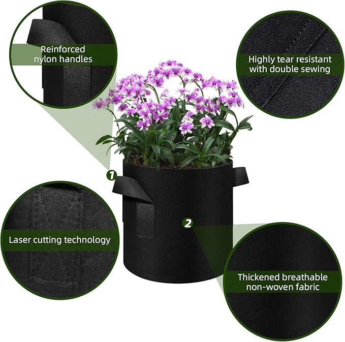 5/10/12/20/30 Pack 10 Gallon Grow Bags, Heavy Duty Thickened Nonwoven Fabric Pots with Handles, Plant Grow Bags for Vegetable/Flower/Plant/Fruits, Black (12 Pack)