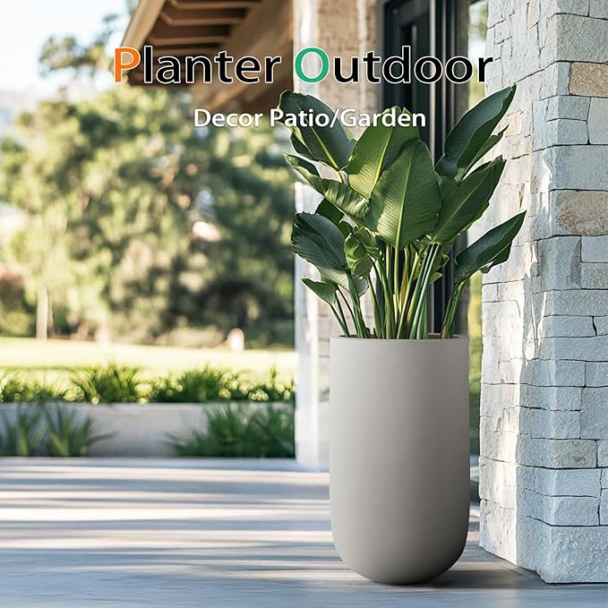 Concrete Tall Planter Outdoor Indoor, Large Cement Plant Pots for Trees Flowers (Gray, 24 inch)