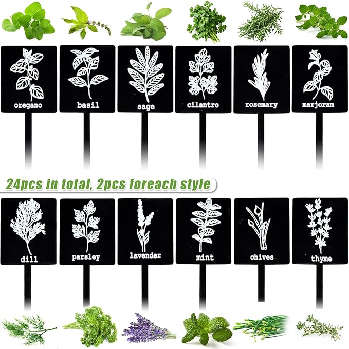 24Pcs Garden Herb Markers Acrylic Plant Label Signs Plant Stake Tags Reusable Black Waterproof Tags with Herb Names for Nursery Seedlings Potted Greenhouse Indoor Outdoor Garden Decoration