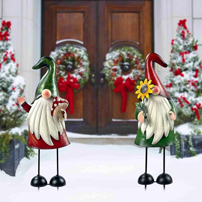 HONGLAND Metal Gnome Yard Art Outdoor Gnomes Garden Statue 18 Inch Gnome Figurine Decorative Stakes for Holiday Christmas Lawn Patio Yard Garden Decor-2 PCS