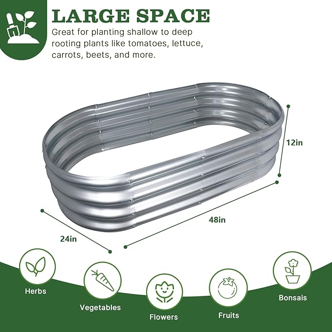 3-Pack 4 * 2 * 1FT Raised Garden Bed Kits, Outdoor Oval Metal Galvanized Ground Planter Garden Boxes for Planting Plants Vegetables Flowers Herbs Fruits, Silver