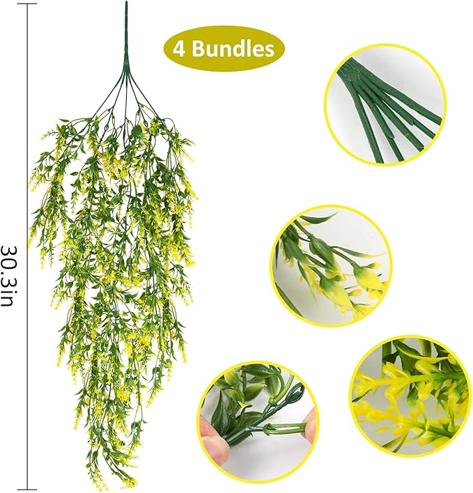 RECUTMS Artificial Hanging Plants Lavender, 4 Pack Outdoor Indoor Flowers for Outside House Office Garden Patio Decor (Yellow)