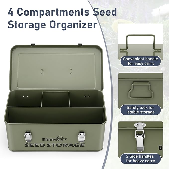BlumWay Seed Storage Organizer, Metal Seed Saving Box with Lid, Seed Storage Container with Safety Locks, 4 Compartments Seed Packet Organizer, Garden Seed Bin for Plants Flower- Green
