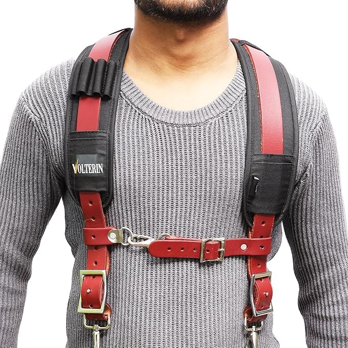 Falcon Gears Leather Tool Belt Suspenders Heavy-Duty Adjustable Harness with Padded Support, 4 Rig Loops, Front Hook for Work