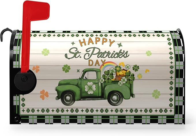 St Patrick Mailbox Covers Magnetic Standard Size Happy St.Patrick's Day Green Truck Shamrocks Rainbow Mailbox Post Cover Buffalo Plaid Gold Coin Clover Mailbox Wrap Decor Waterproof 21X18 inch