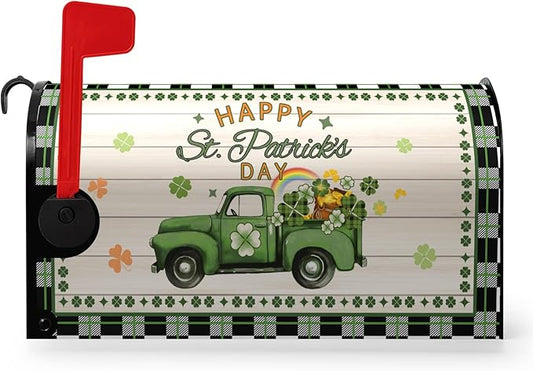 St Patrick Mailbox Covers Magnetic Standard Size Happy St.Patrick's Day Green Truck Shamrocks Rainbow Mailbox Post Cover Buffalo Plaid Gold Coin Clover Mailbox Wrap Decor Waterproof 21X18 inch