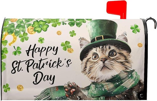 Patrick Cat Magnetic Mailbox Cover 25.5x21 Inch Happy St. Patrick's Day Clover Shamrocks Kitten Mailbox Wrap Post Cover Standard Size for Garden Yard Outdoor Outside Patio Holiday Decor