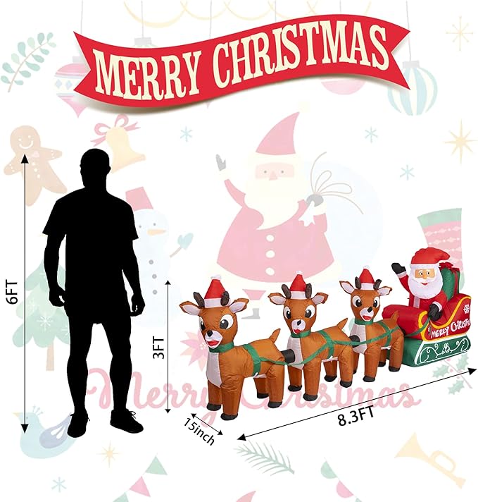 8FT Christmas Inflatables Outdoor Decoration Christmas Blow Up Yard Decorations Inflatable Santa Claus on Sleigh with Reindeers Outdoor Indoor Holiday Lawn Yard Decor