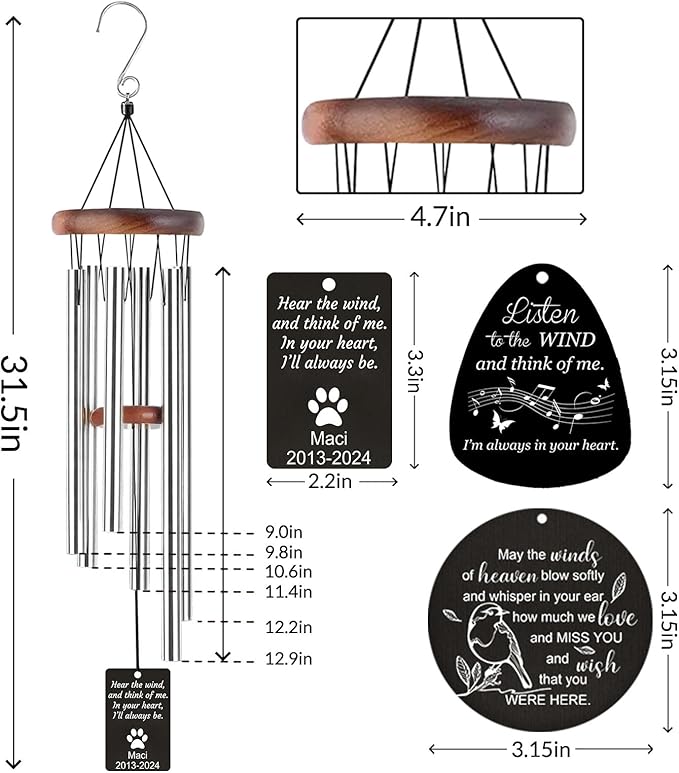 Personalized Memorial Wind Chimes for Loss of Loved One Custom Sympathy Wind Chime Deep Tone with Photo Text Engraved Outdoor Bereavement Condolence Remembrance Funeral Gifts Mom Dad Dog Pet