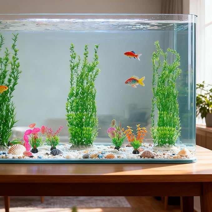 6 pcs Tall Aquarium Plastic Plants, Featuring Two 23.6-inch Green and Four 3.9-inch Multi-Color - Artificial Plastic Plants for Fish Habitat Decor, Safe Bendable Underwater