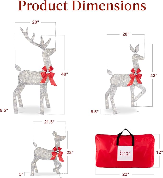 Best Choice Products 4ft 3-Piece 2D Lighted Christmas Deer Family Set, Large Outdoor Yard Reindeer Holiday Decoration with 175 LED Lights, Stakes, Zip Ties - Silver