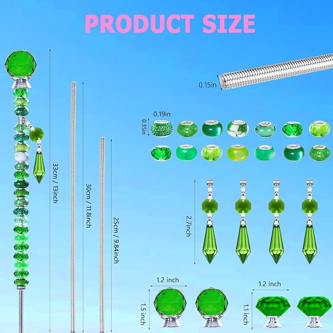 Exway 100 PCS DIY Fairy Wand Beaded Garden Stake Beads Kits with Green Large Hole Beads 4 Crystal Stopper Top Threaded Rods and 4 Green Sparkling Crystal Pendants for Outdoor Indoor Decor