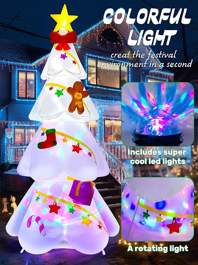 EBANKU 9 FT Christmas Inflatable Xmas Tree Outdoor Decorations, Blow Up Yard Decoration Christmas Tree with Star Gingerbread Man, Build in LEDs, Colorful Rotating Light for Holiday Indoor Garden Lawn